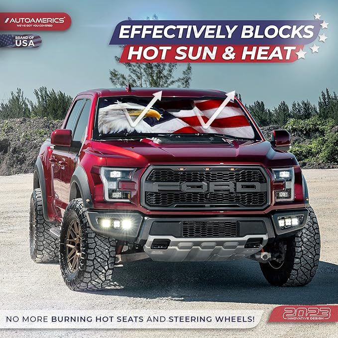Autoamerics 1-Piece Windshield Sun Shade American Eagle Flag - 3 USA Patriotic Design - Foldable Car Front Window Sunshade for Sedans SUV Truck - Blocks Max UV Rays and Keeps Your Vehicle Cool Medium
