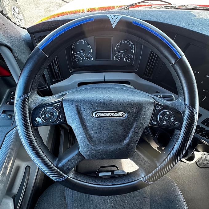 18-Inch Genuine Leather Steering Wheel Cover for Semi Trucks – Black with Blue Stripes, Universal Fit Heavy-Duty Non-Slip Grip, Comfortable Control, Easy Installation