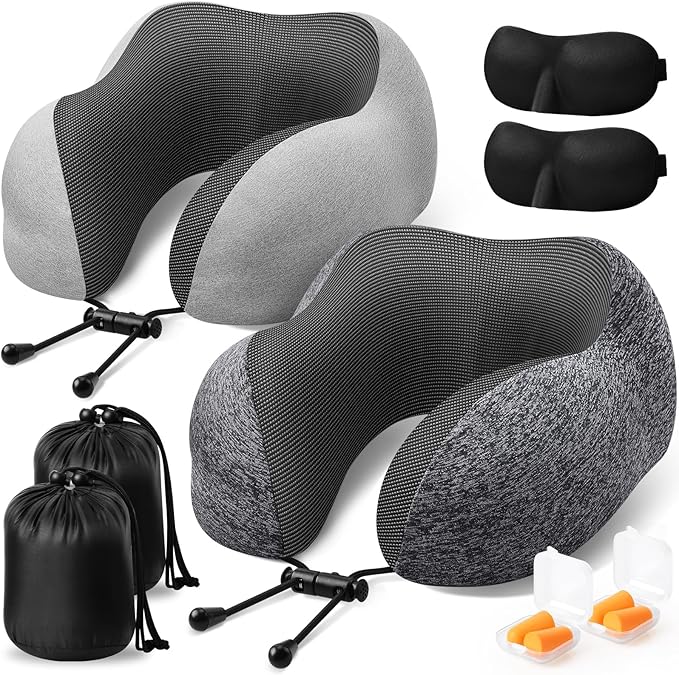 Travel Pillow, 2 Pack Travel Pillows for Sleeping Airplane, Neck Pillow Airplane, Memory Foam Neck Pillow Set with Eye Mask, Earplugs and Storage Bag -Grey & Light Grey