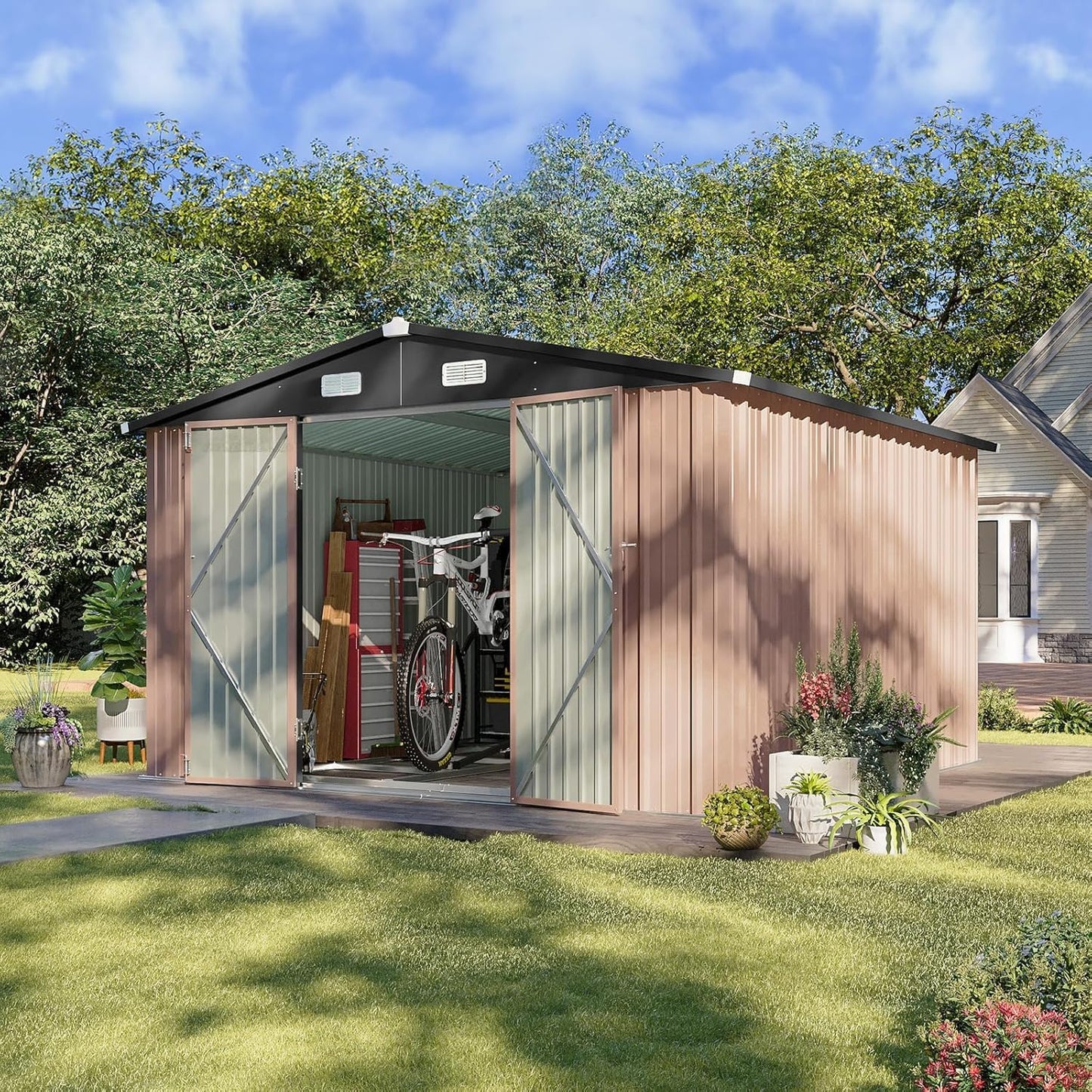 Aoxun 10x10 FT Shed Outdoor Storage Shed with Base, Large Shed Steel Utility Tool Shed Storage House with Door & Lock, Metal Sheds with Sloped Roof for Garden Patio Lawn Poolside, Brown