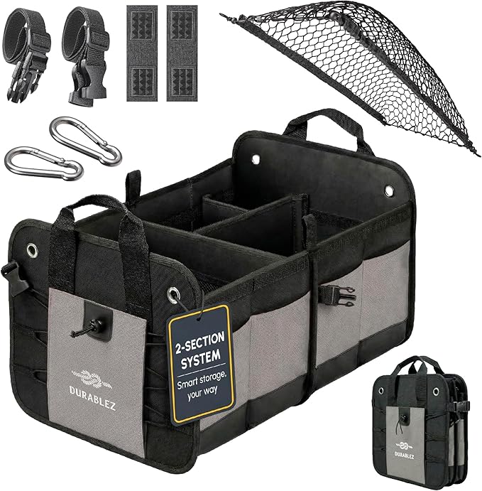 Compact Car Trunk Organizer 2-Section – Grocery, Tools, Cleaning Supplies Storage – Foldable Dual-Compartment Cargo Bin with Cover Net – Gray