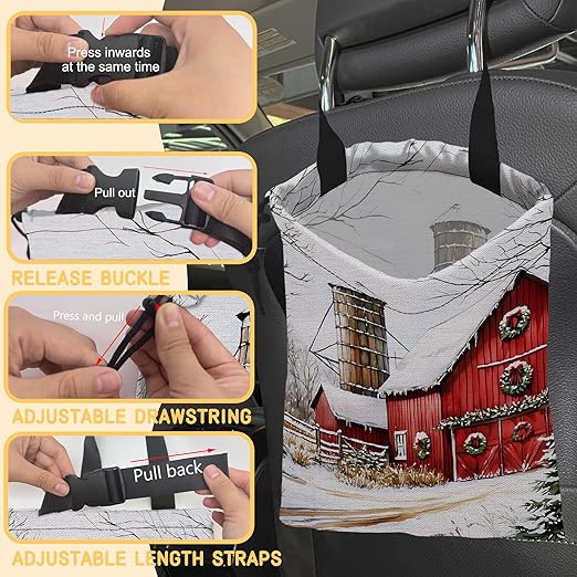 Snowy Red Barn Car Trash Bag,Mistletoe Wreaths Strap Drawstring Car Garbage Bags,Car Back Seat Organizer with Adjustable Buckle for Car Accessories
