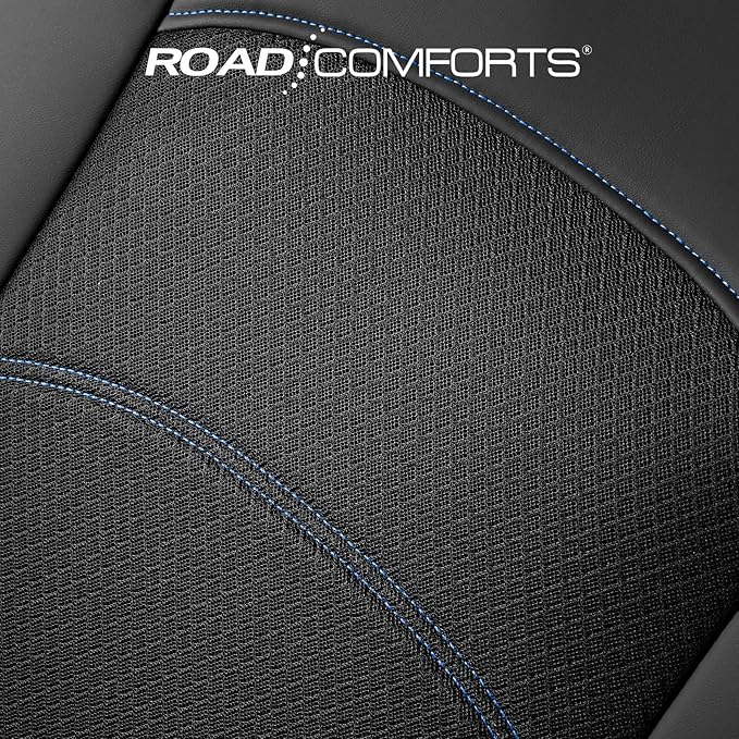 Road Comforts Car Seat Covers, Leather Front Seat Covers with Piping, Air-Cool Mesh Designed, Airbag Compatible Automotive Seat Covers for Most Car, Truck, Van, SUV - Black with Blue Piping