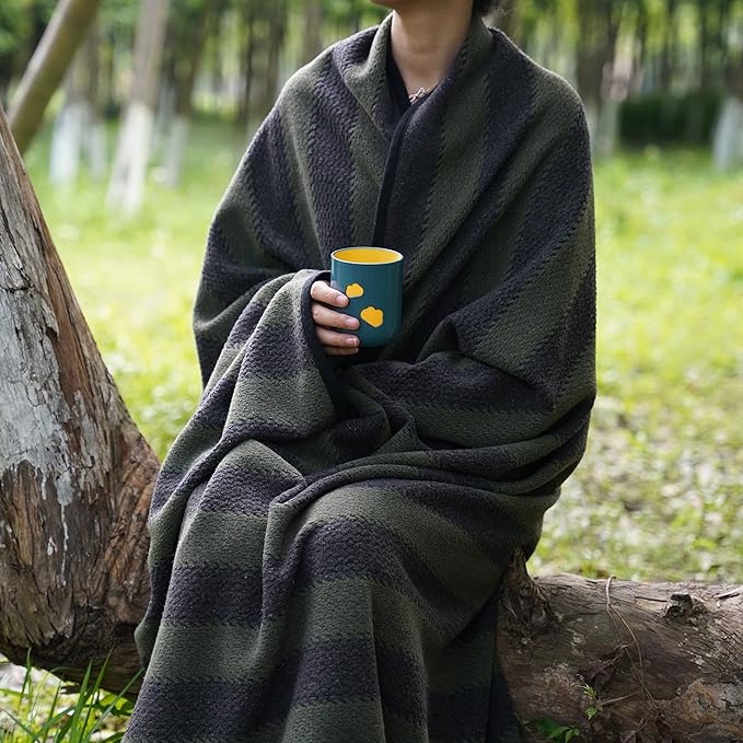 PuTian Merino Wool Blanket - 63" x 51" Thick Warm Soft Twin Bed Throw - Great for Camping, Outdoors, Travel, Car, Couch, All Seasons Green Stripe