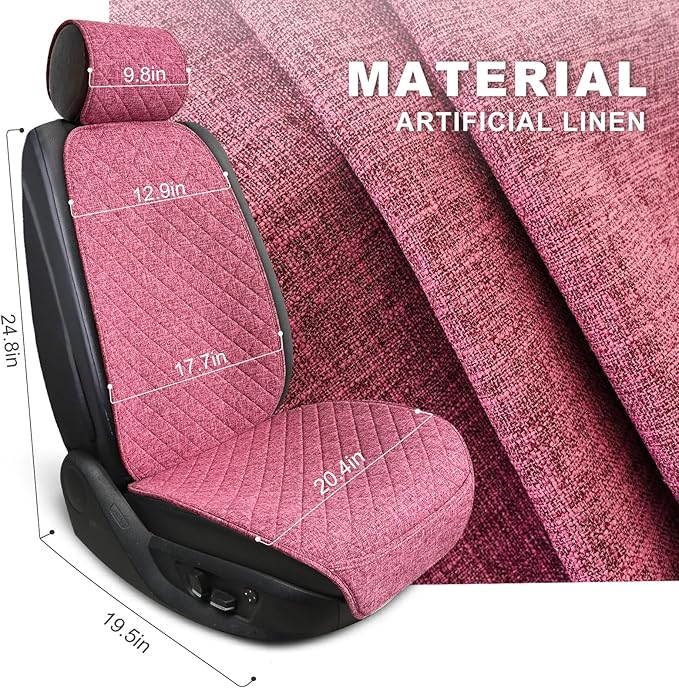 Linen Car Seat Cover - Non-Slip & Breathable - Universal Fit for Cars, Vans, SUVs, Trucks - 2 Units - Pink