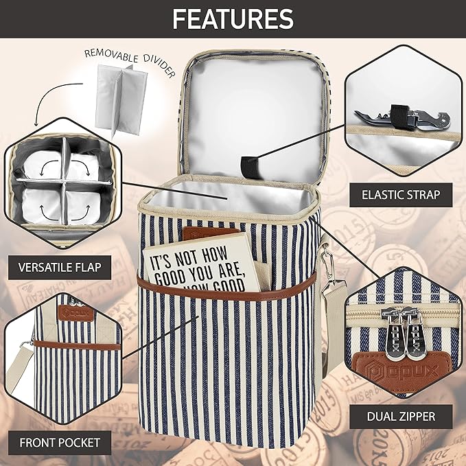 Opux 4 Bottle Insulated Wine Cooler Bag - Portable, Leakproof Padded Carrier for Travel, Picnic, BYOB - Navy White Stripe