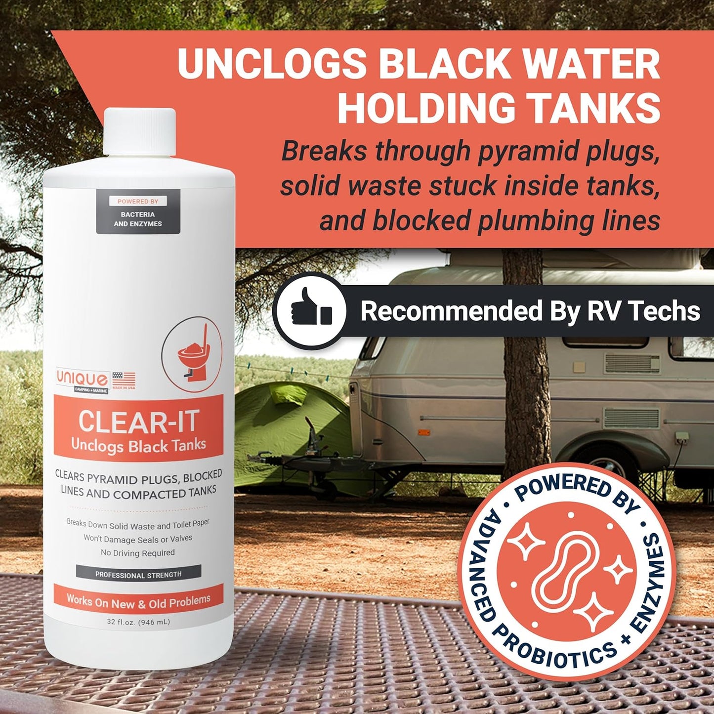 Unique Clear-It RV Black Tank Unclogger Liquid - Breaks Through Pyramid Plugs, Compacted Tanks, and Clogged Pipes 32 oz (2-Pack)