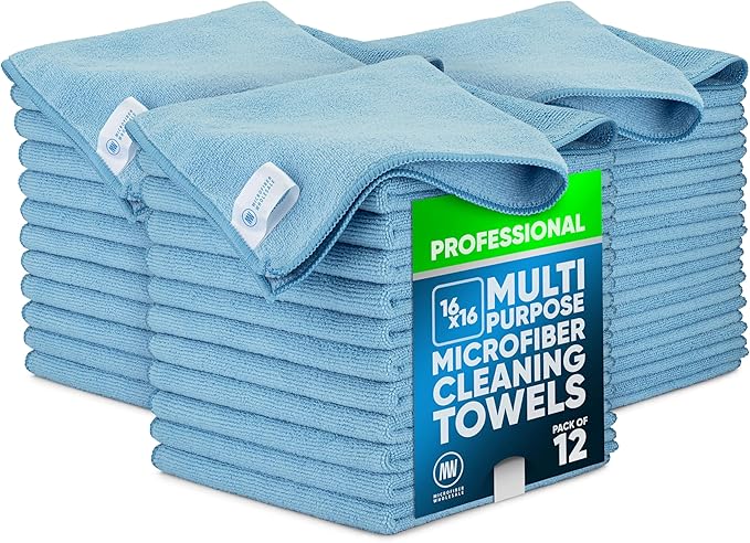 MW Pro Microfiber Cleaning Cloth | Blue | 36 Pack | 16” x 16” | All Purpose Microfiber Towels - Clean, Dust, Polish, Scrub, Absorbent