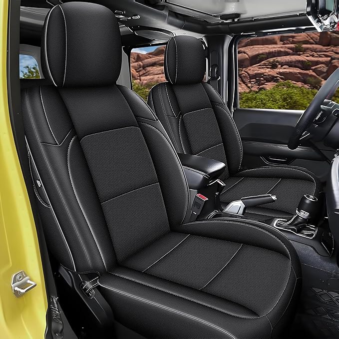 Custom Fit Seat Covers for Jeep Wrangler 4 Door JL: Unlimited Sahara Rubicon 392 Freedom Altitude Islande 2018 2019 2020 2021 2022 2023 2024 with Rear Cup Holder,Faux Leather,Black (Not for 4XE)