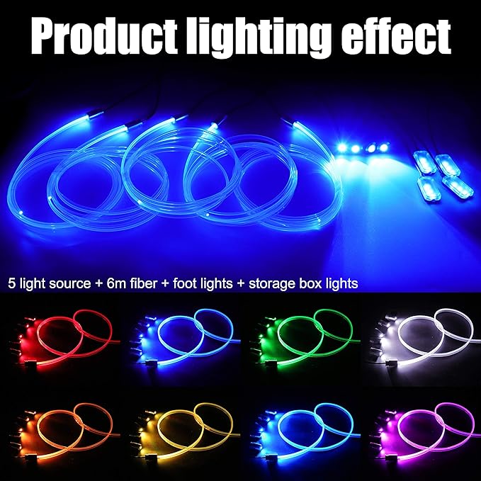 Car Interior Ambient Lighting Optic Fiber RGB 64 Colors Multicoloured Music Car Footwell Lighting Kit with Cigarette Lighter and App Microphone, DC 12V-24V 1W 6m