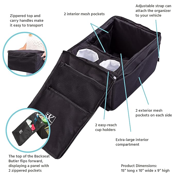 J.L. Childress Backseat Butler Car Seat Organizer for Kids - Essential Car Ride Accessories for Travel & Road Trips, Storage Organization for Front, Back, & Passenger Seats, 10 Pockets - Black