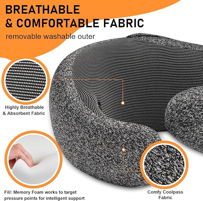 Travel Pillow - Hooded Neck Pillow Airplane Memory Foam Filling for Plane, Office, Cars Sleeping, Road Trip, Long Flights, Airplane Travel Essentials, Includes Eye Mask & Earplugs (Pink)