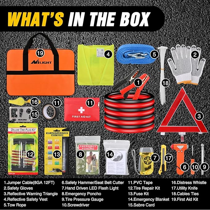 Nilight Car Emergency Kit with Jumper Cable Air Compressor Tire Repair Essential Tools First Aid Alligator Connector Electrical Kit for Travel Camping Outdoor Cars Truck SUV RV