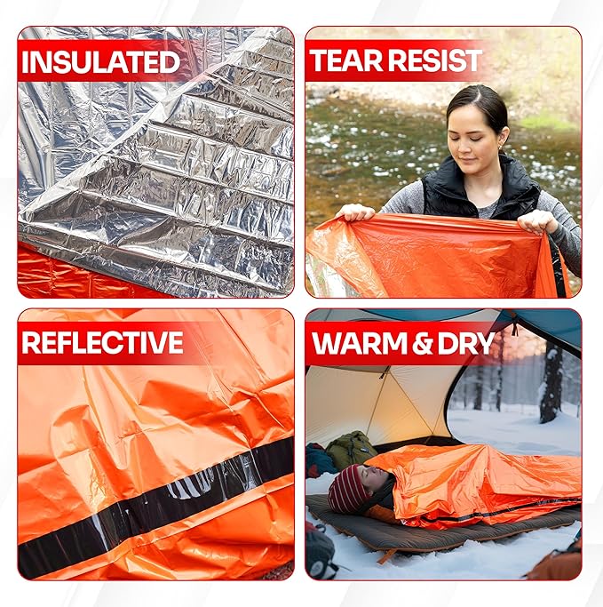 Emergency Sleeping Bag for Survival Gear and Supplies Life Bivy Sack Waterproof Mylar Emergency Blankets for Survival Kit Car Camping Gear Hiking Tac Bivvy Go Bags Supplies Sleep Sacks Shelter