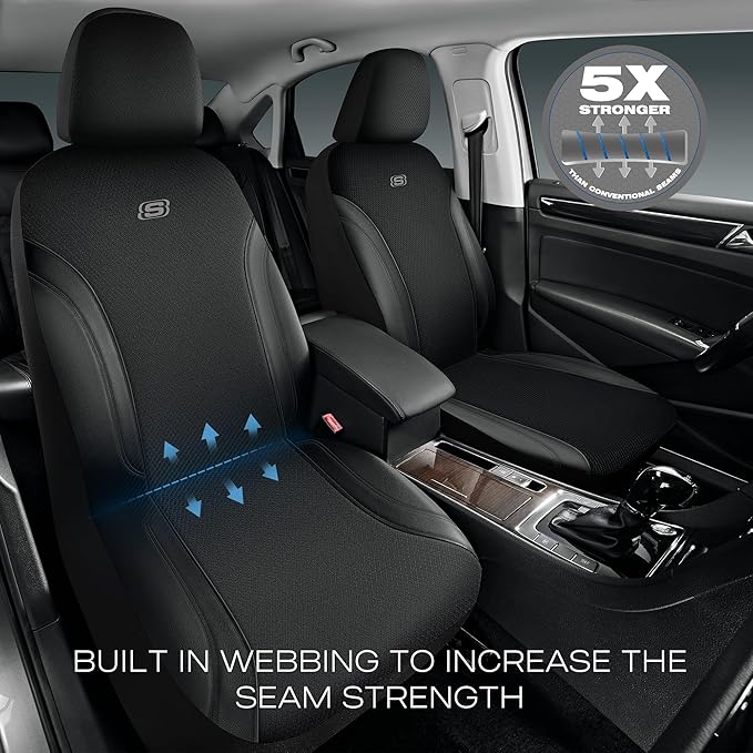 Skechers Car Seat Covers, Work Leather Seat Covers 5-Times Stronger Built-in Webbing, Oxford Fabric Seat Cover Full Sets, Airbag Compatible, Automotive Comfort for Cars, Trucks, SUVs,Black