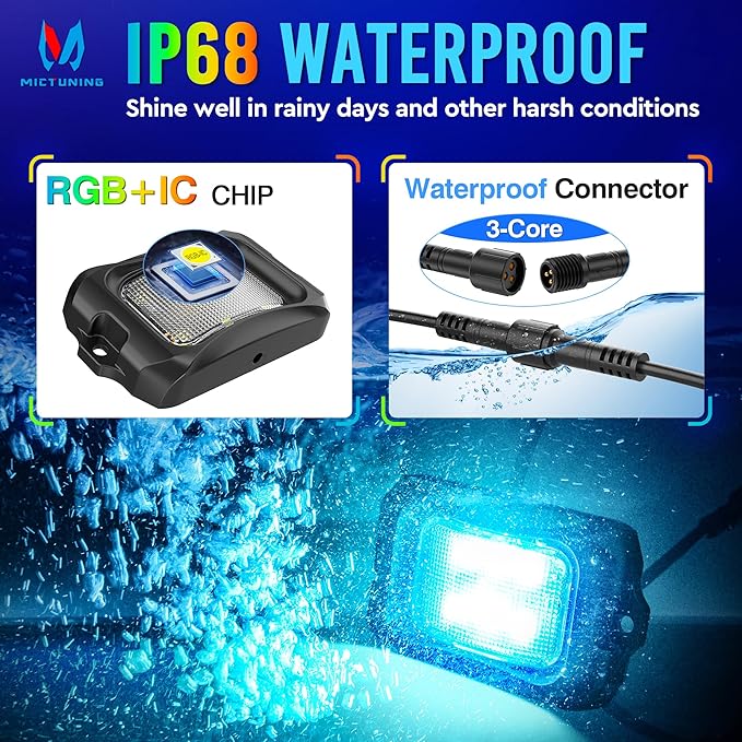 MICTUNING C2+ RGB+IC Rock Lights - 12 Pods Dynamic Chasing Color Underglow Neon Kit, Extensible to 24 Pods, Bluetooth APP Control & IP68 Waterproof, for Trucks Cars ATV UTV Golf Cart (2 Year Warranty)