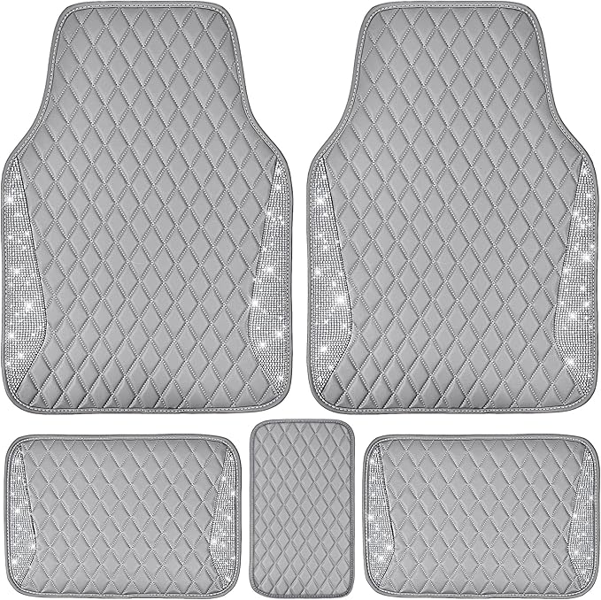 CAR PASS Bling Diamond Car Mats Gray Leather Floor Mats Sparkly Glitter Crystal Shining Rhinestone Carpet Anti-Slip Waterproof Pad Universal Fit for Automotive SUV Sedan Van 5pcs for Girl Women Gray