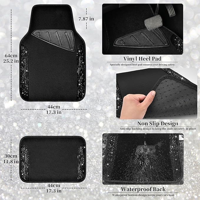 CAR PASS Universal Black Leather Lace Car Seat Covers Full Set for Women Girls,Waterproof Car Floor Mats Carpet,Glitter Steering Wheel Cover for Cars Accessories Interior Sets (Black)