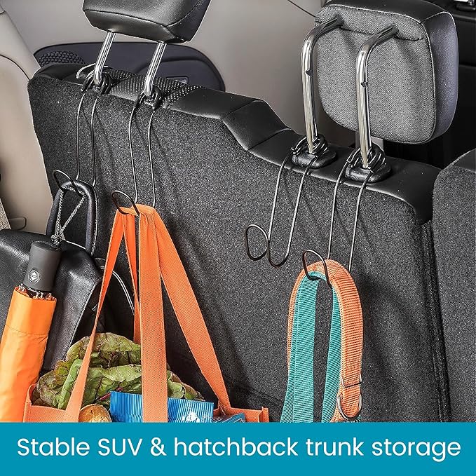 High Road Unbreakable Car Bag Hooks - Large, Solid Metal Car Seat Hooks for Purse, Backpack, Coats, Hats and Heavy Bags up to 40 lbs - Secure Attachment Fits All Metal Headrest Posts, 2-Pack