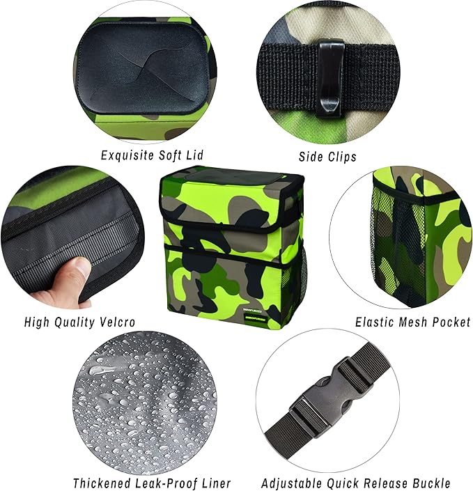 SIBOFUEGO Cute Car Trash Can with Lid – Multipurpose Collapsible Trash Bin for Car, Leak-Proof Organizer, Waterproof Garbage Can with Storage Pockets & Adjustable Straps, 2 Gallons (Camo Green)