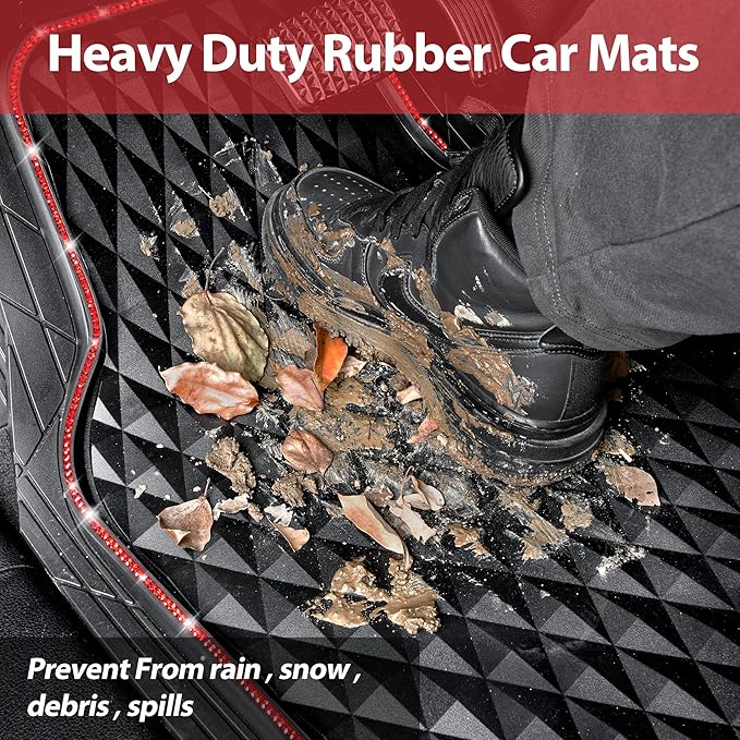 CAR PASS Bling Diamond Rubber Car Mats, Heavy Duty Deep Dish All-Weather Floor Mat Full Set Anti-Slip 3D Rhombus Waterproof Trim to Fit Liner Universal Glitter Sparkly Shining Rhinestone, 3 Pcs Red
