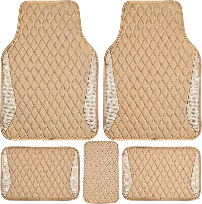 CAR PASS Bling Beige Leather Car Mats Shining Diamond Floor Mats Crystal Rhinestone Sparkly Glitter Carpet Anti-Slip Waterproof Pad Universal Fit for Automotive SUV, Sedan, Van, 5pcs Girl Women Beige