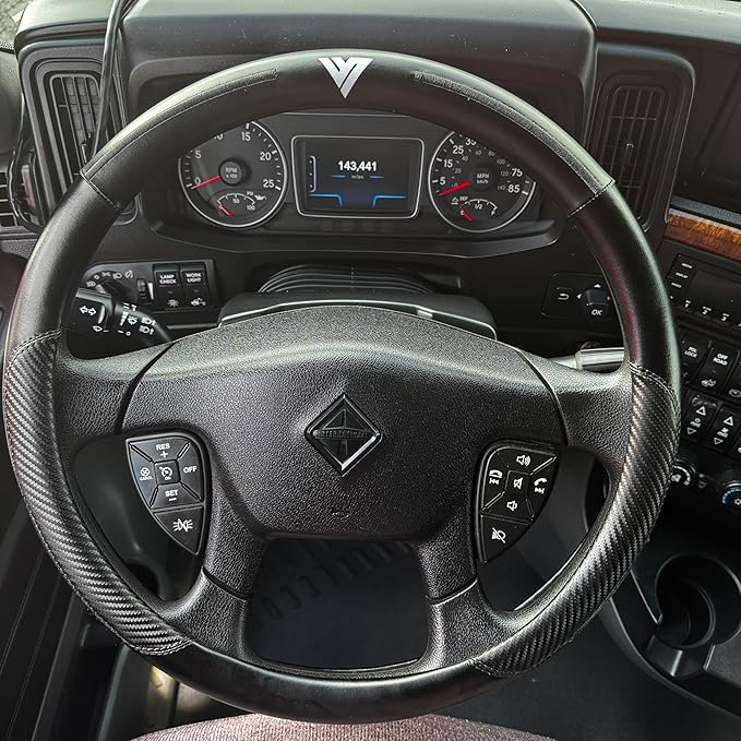 18-Inch Genuine Leather Steering Wheel Cover for Semi Trucks – Black with Black Stripes, Universal Fit Heavy-Duty Non-Slip Grip, Comfortable Control, Easy Installation