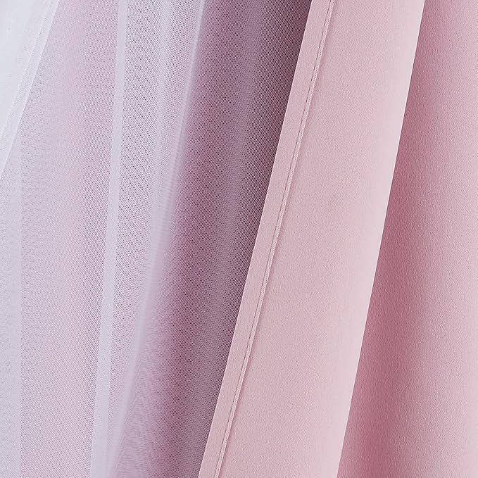 Bujasso Pink Blackout Curtains with Sheer Overlay Mix and Match Double Layer 80% Room Darkening Window Treatment Set for Girls Bedroom Living Room Pink Drapes with Tiebacks Grommet Top 54" Wx102 Lx2