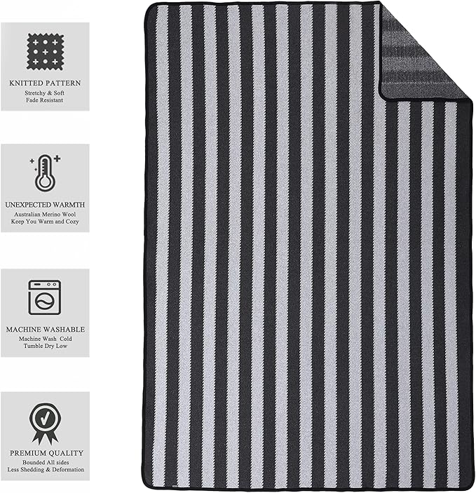 PuTian Merino Wool Blanket - 87" x 63" Thick Warm Soft Large Bed Throw - Great for Camping, Outdoors, Travel, Car, Couch, All Seasons Grey Stripe
