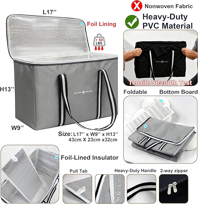 modscape Large Heavy Duty Insulated Grocery Bags–Delivery Bags with Hard Bottom Food Transport,Thermal Bags for Cold and hot Food, Collapsible Cooler for Shopping & Travel, Camping & Beach