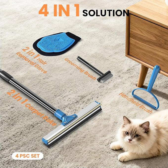 4-in-1 Pet Hair Removal Tool Set - Dual-Head Carpet Rake & Floor Scraper, Small Carpet Scraper, Pet Hair Glove, Matted Hair Rake for Dogs & Cats, Multi-Scene Pet Supplies for Sofa, Carpet, Floor,Blue