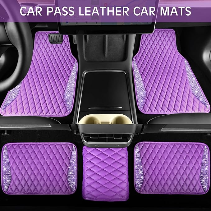 CAR PASS Bling Leather Car Mats Shining Diamond Floor Mats Crystal Rhinestone Sparkly Glitter Carpet Anti-Slip Waterproof Pad Universal Fit for Automotive SUV, Sedan, Van, 5pcs Girl Women, Purple