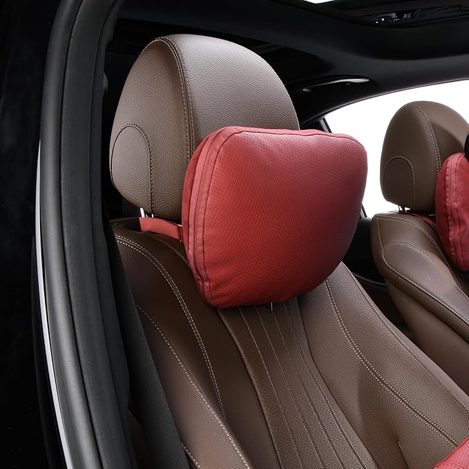 Genuine Leather Car Neck Pillow for headrest,Support Drive Seats Head Cushion,Real Cow Leather,11.8x7.5”,Plant-Based Polyester,Thickness & Height Adjustable,Inner Liner fillable(Wine,1p)