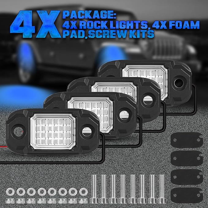 4 Pods Blue Rock Light LED Waterproof Neon Trail Rig Lamp Underglow Lights for Car Truck Motorcycle SUV ATV UTV (Blue)