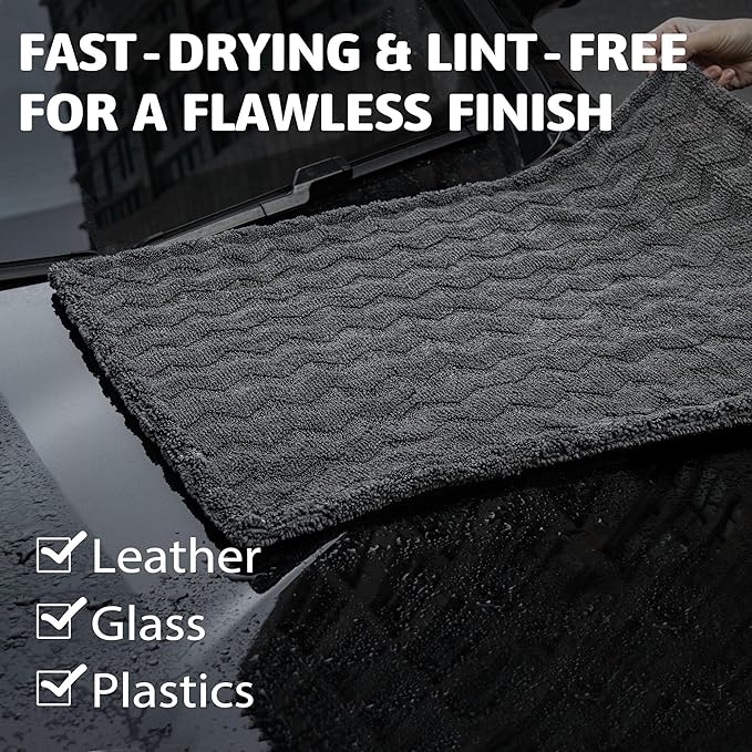 Greenfound Microfiber Towel for Cars, 1000GSM Car Drying Towel, Double Twist Pile & Edgeless Design, No Streaks, Scratches, or Water Spots, Soft and Absorbent, 18"×24", Wave Grey