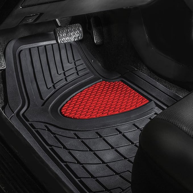 FH GROUP Car Seat Covers Premium Tall Channel Rubber Trimmable Floor Mats w. FH3001 Snake Pattern Silicone Steering Wheel Cover- Universal Fit for Trucks, SUVs, and Vans (Red/Black) F11311