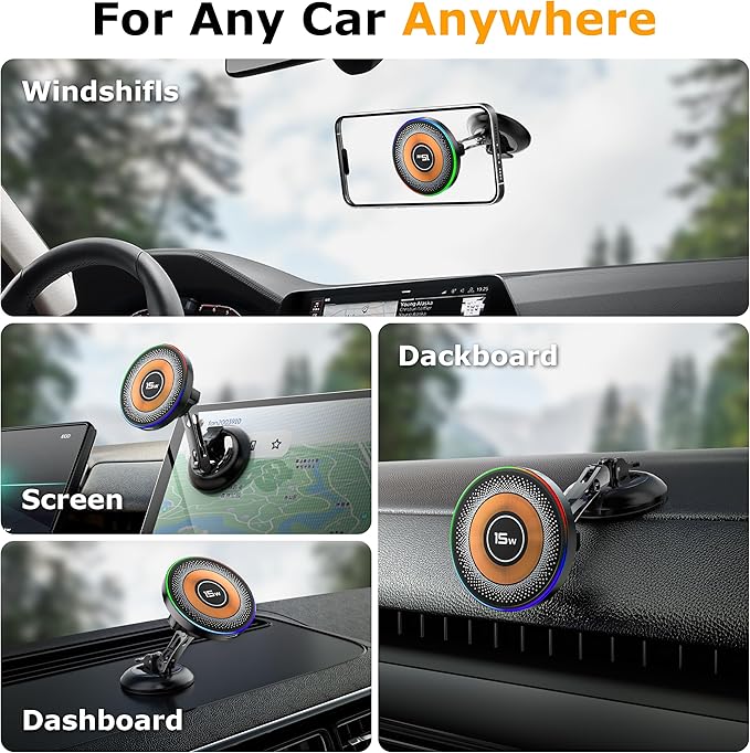 MagSafe Car Mount Charger, 2 in 1 Magnetic Phone Holders for Car, 15W Fast Charging Mag Safe Car Charger Stick on Dashboard Windshield, Car Accessories for iPhone 17/16/15/14/13/12 Series
