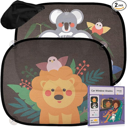 Car Sun Shades for Kids – 2-Pack Baby Window Shades with UV Protection – Cute Animal Design with Suction Cups – 17"x14" Sun Protection for Car Windows – by Inovida