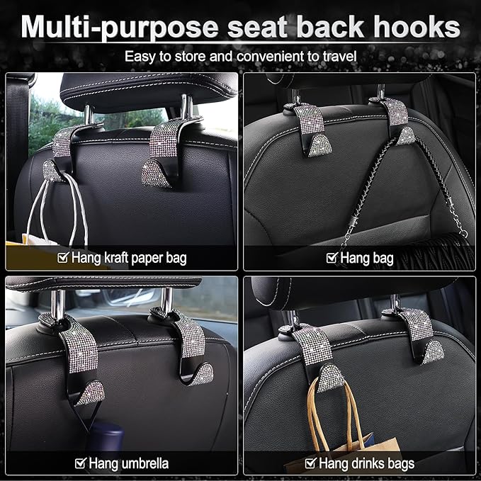 LivTee Car Seat Headrest Hook, Auto Seat Hook Hangers Storage Organizer Interior Accessories for Purse Coats Umbrellas Grocery Bags Handbag, 4-Pack(Bling Colorful)