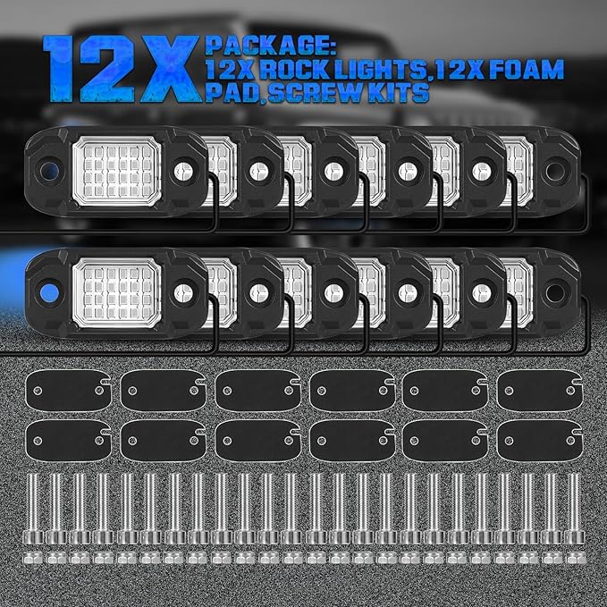 12Pods LED Rock Lights Blue 24led Chips Waterproof Neon Underglow Lighting Kit for Trucks SUV ATV Car