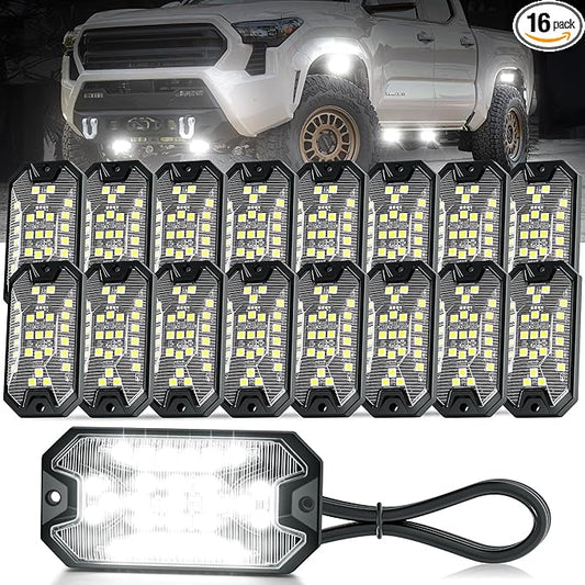 16 Pods Pure White Rock Lights, 6000K Pure White 27 LEDs Super Bright LED Underglow Neon Light, 10m Extension Wire, IP68 Waterproof for Trucks Pickup SUV UTV ATV RZR Car Boats