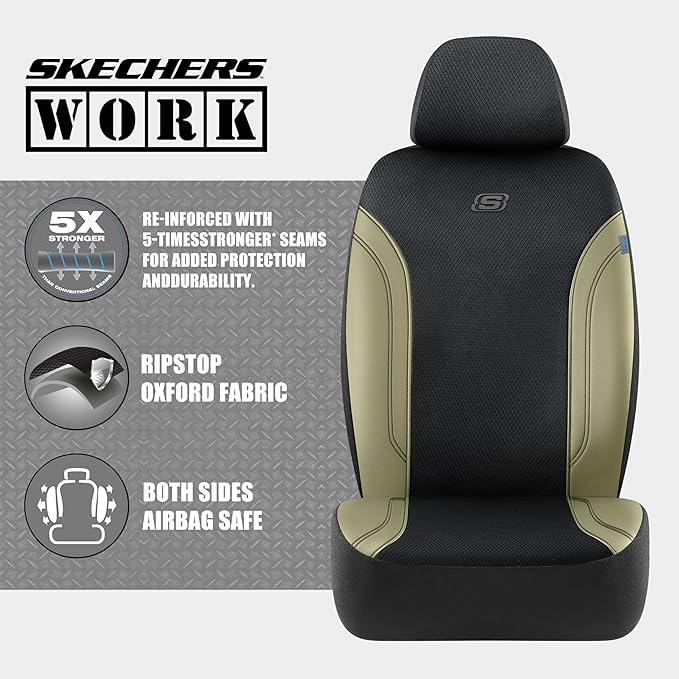Skechers Car Seat Covers, Work Leather Seat Covers 5-Times Stronger Built-in Webbing,Oxford Fabric Seat Cover Full Sets, Airbag Compatible, Automotive Comfort for Cars,Trucks,SUVs,Beige