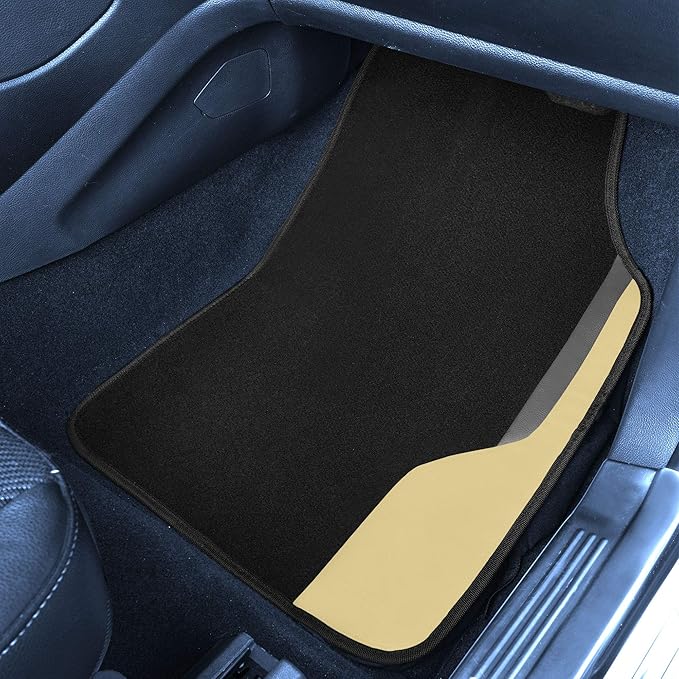 FH Group Color-Block Carpet Car Floor Mats – Non-Slip, Faux Leather Accents, Universal Fit for Sedan, SUV & Truck – Full Set Beige