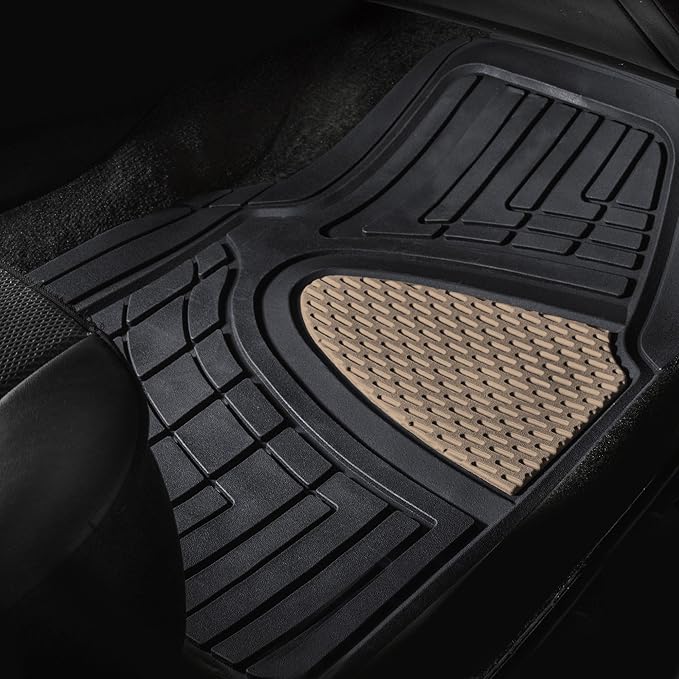 FH Group Automotive Floor Mats Tall Channel Beige Universal Fit Full Set Climaproof™ for Most Sedan, SUV and Trucks, Trimmable Rubber Combo Small Car Seat Cover Design Heavy-Duty Floor Mats for Car