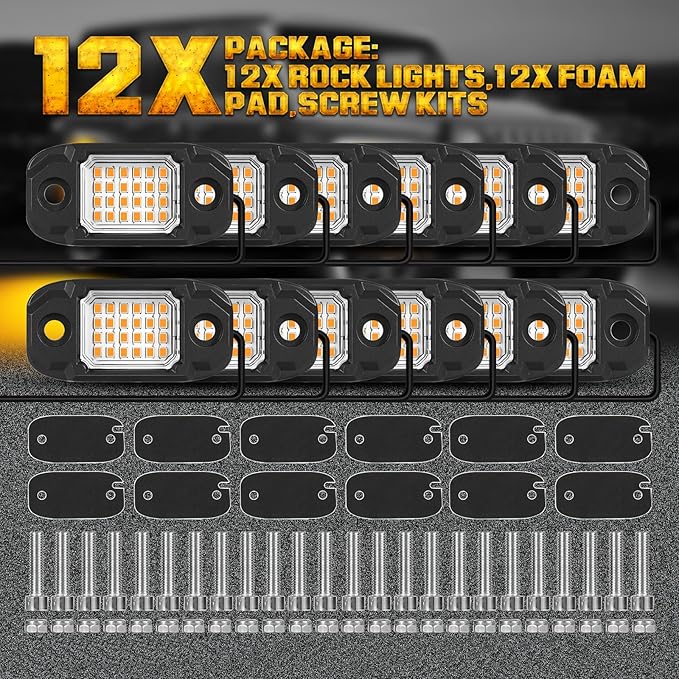 12Pods LED Rock Lights Amber 24led Chips Waterproof Neon Underglow Lighting Kit for Trucks SUV ATV Car