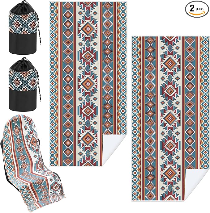2 Pack Car Seat Towel Covers with Storage Bag 63 x 32 Inch Athletic Running Towel Seat Sweat Washable Non Slip Cover Gift for Car Outdoor Sport Activities (Tuscon Aztec)