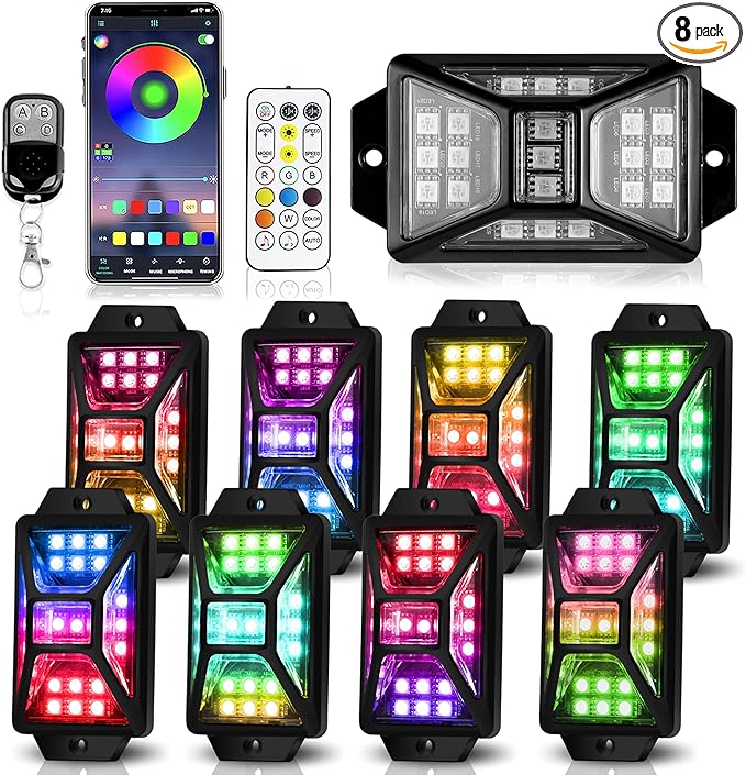 8 Pods Full Angle RGB Rock Lights Compatible with 12V Trucks Jeep UTV SUV ATV Boat Golf Cart, Waterproof, Multi-Color,Brake Light, App/Remote Control Led Rock Lights with Music Mode(Patented)