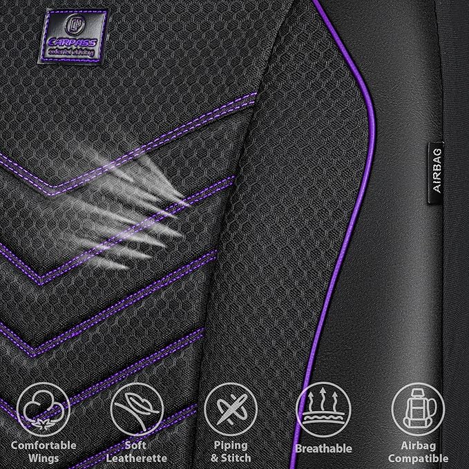 CAR PASS 3D Foam Mesh Leather Car Seat Covers Front Seats, Breathable Front Seat Cover for Cars, Comfortable Universal Fit for SUV Truck Sedan Automotive Anti-Slip Airbag Compatible, Black and Purple