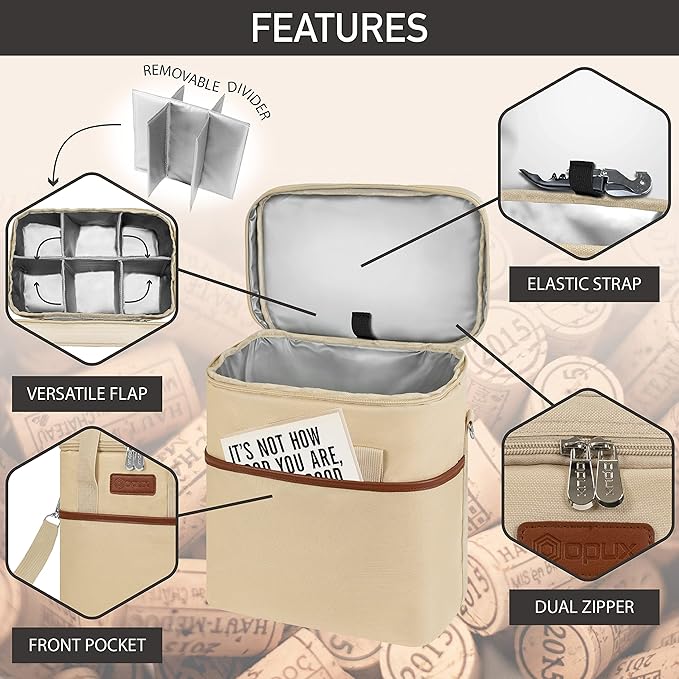 Opux 6 Bottle Carrier Tote | Insulated Padded Cooler Bag for Travel, Picnic, BYOB | Portable Leakproof Wine Tote for Dinner, Party, Christmas, Gift for Women, Men (Cream Beige)