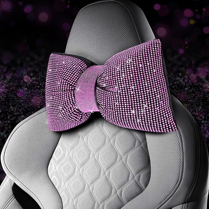 4 PCS Bling Car Pillows,Rhinestones Bowknot Car Headrest Pillow,Car Neck Pillow for Driver Relax Necksupport,Sleeping Travel Support Neck Pillow,Shiny Diamond Interior Accessories for Women,Pink